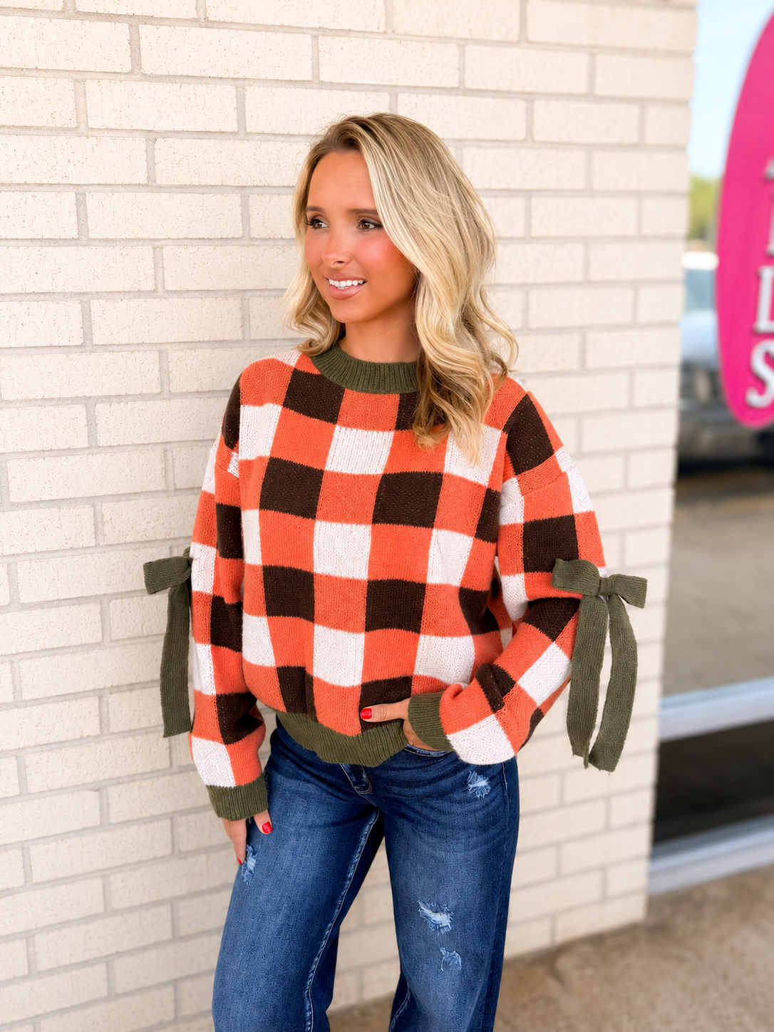 Harvest Plaid Tie Sleeve Cozy Knit Sweater