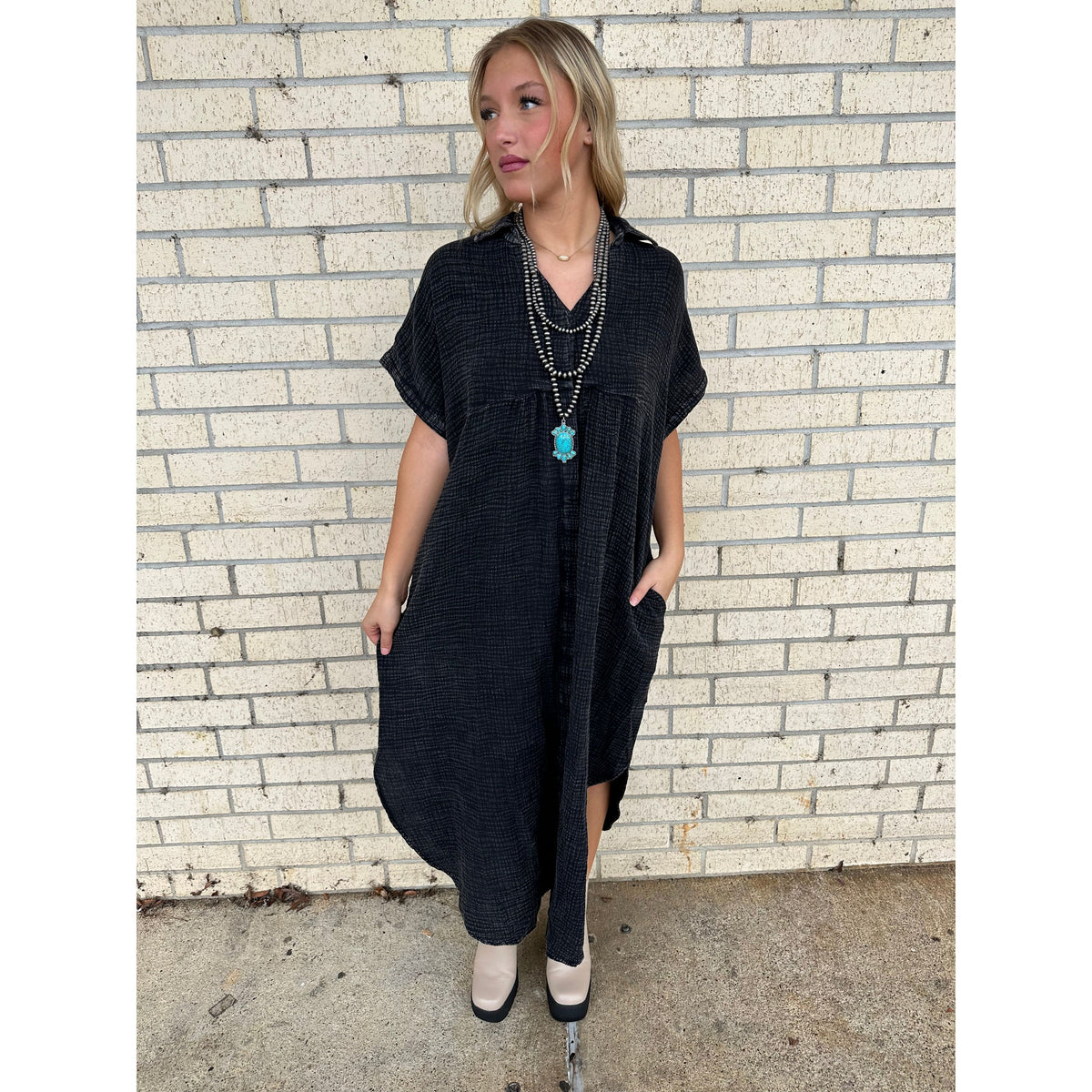 Mineral Wash Flowy Black Maxi Dress