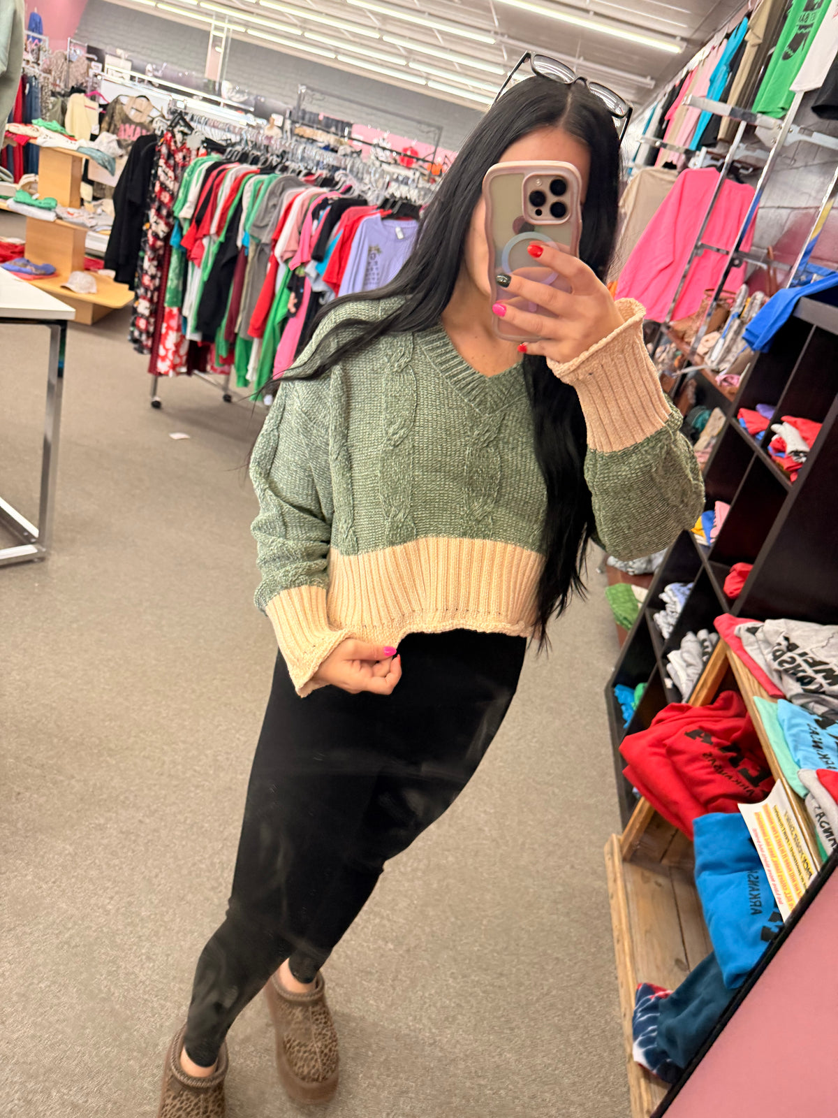 Olive oatmeal cream thick knit sweater crop