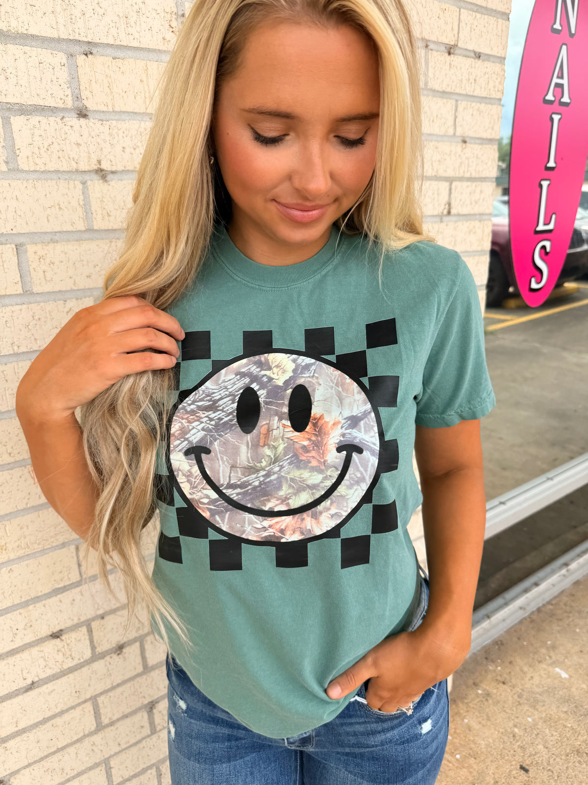 Camo Smiley checkered tee or sweatshirt