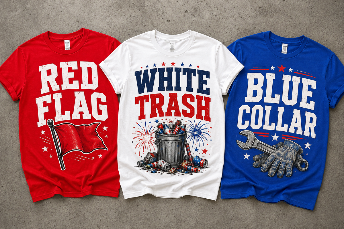 Red flag, white trash, blue collar tank, tee or sweatshirt