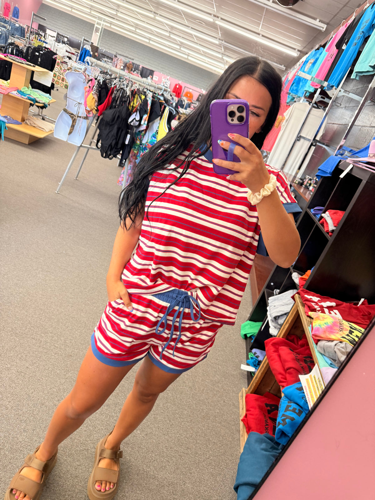 Red white and blue stripe  short set