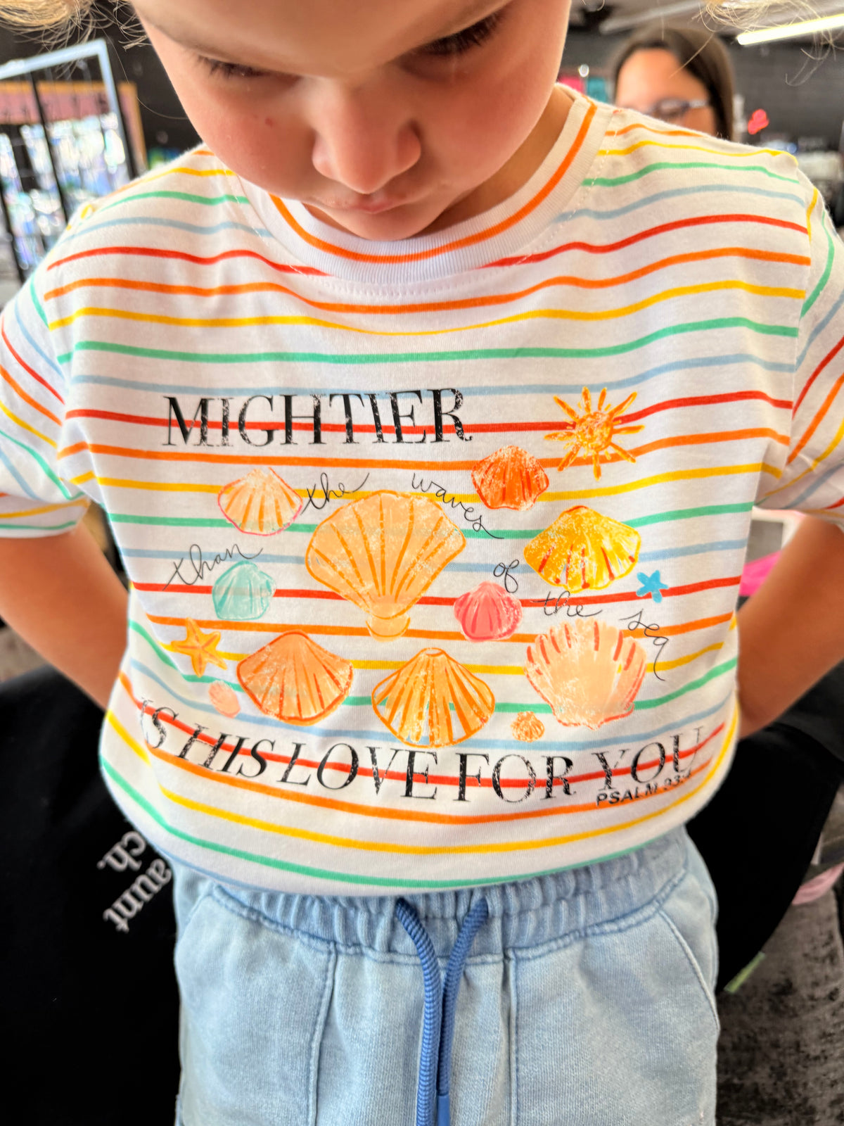 Mightier is his love for you Christian stripe tee (toddler ,kids or adult)