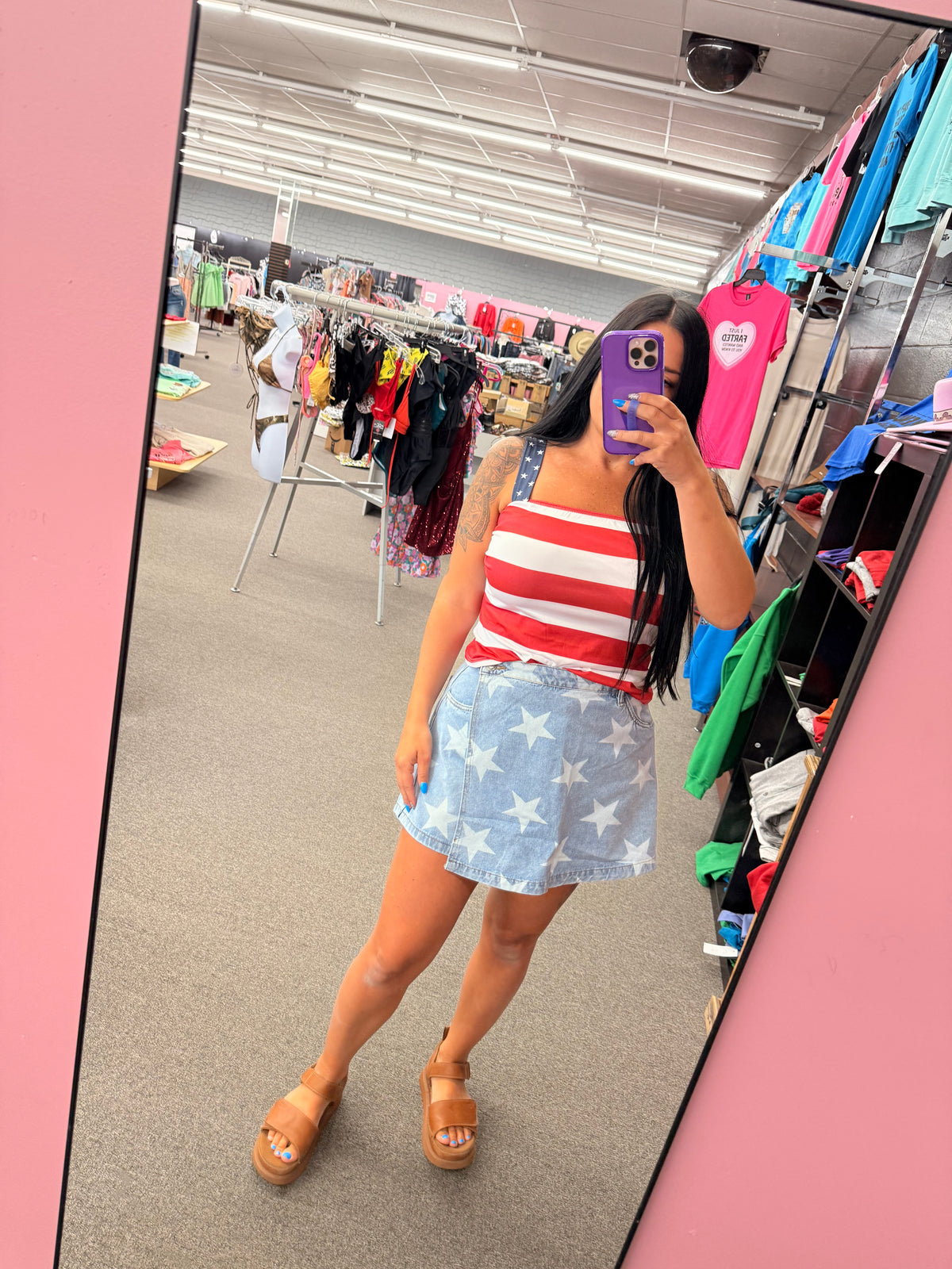 4th Of July Star Printed Denim Wrap Skort