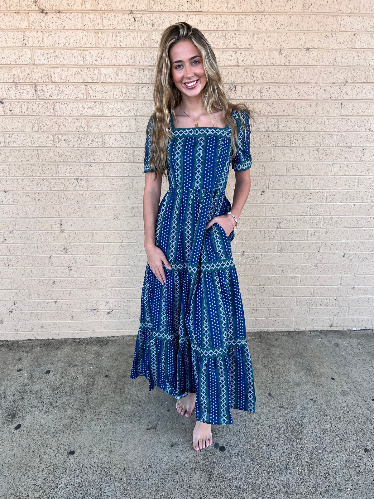 Navy And Green Floral Detail Maxi Dress