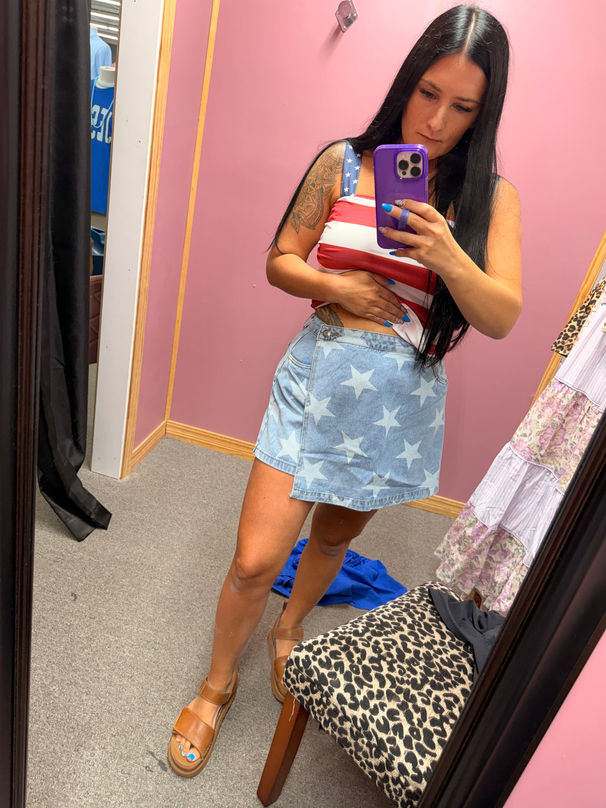 4th Of July Star Printed Denim Wrap Skort