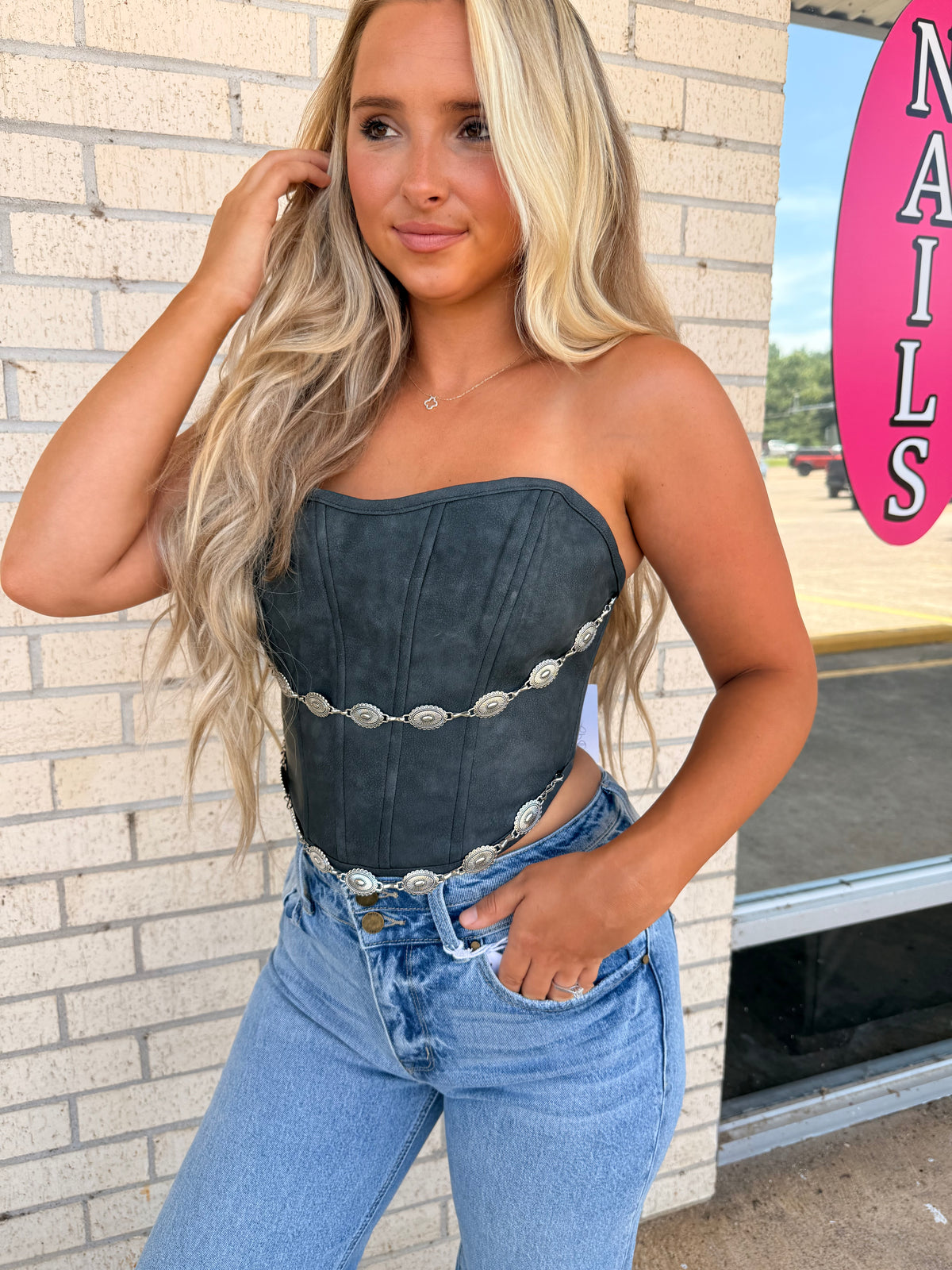 Bevan Black Western Top with chain belt