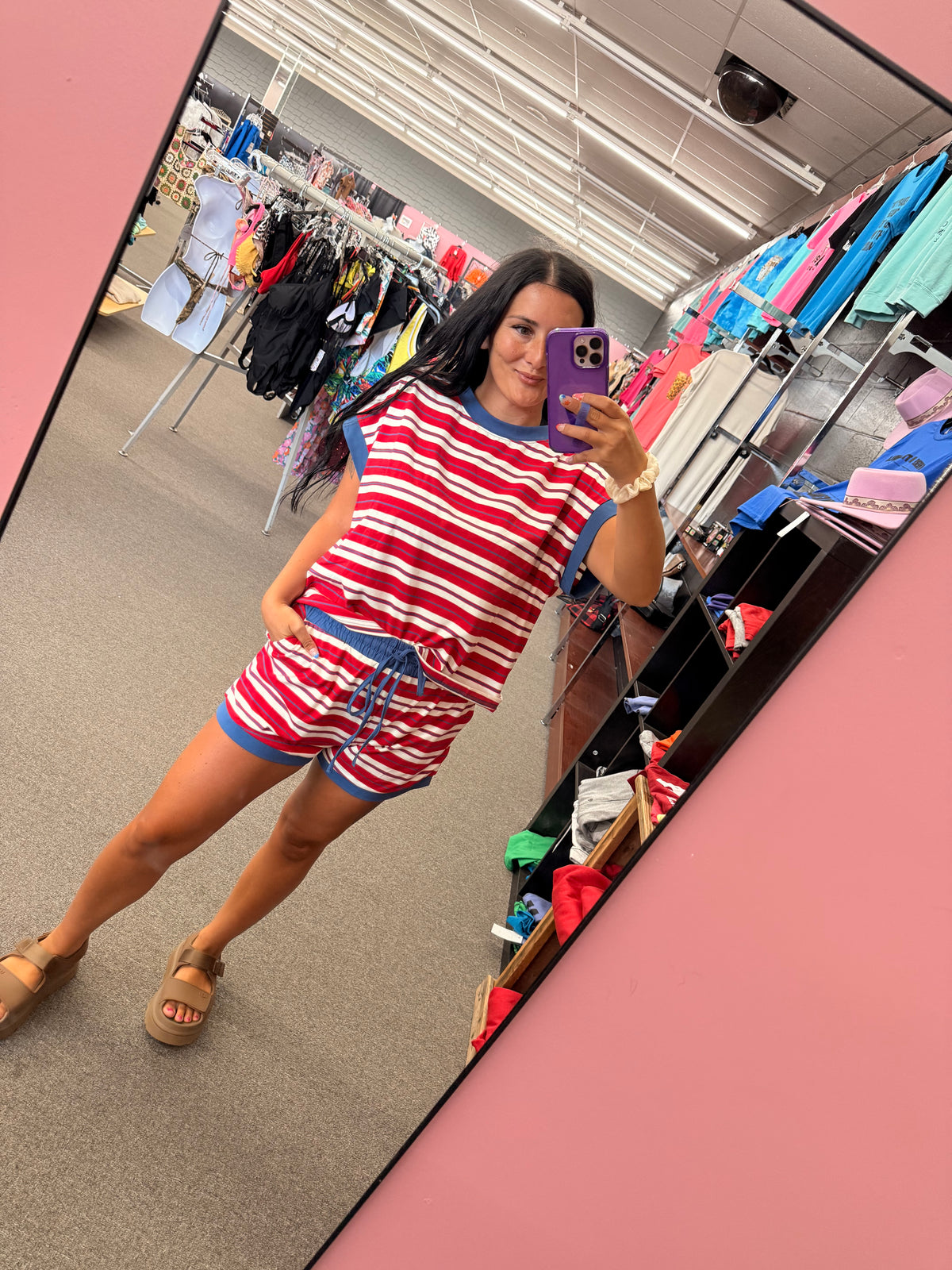 Red white and blue stripe  short set