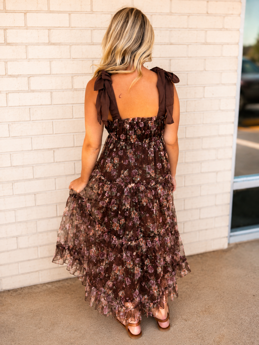 Fall Floral Maxi with Bow tie Shoulder Dress