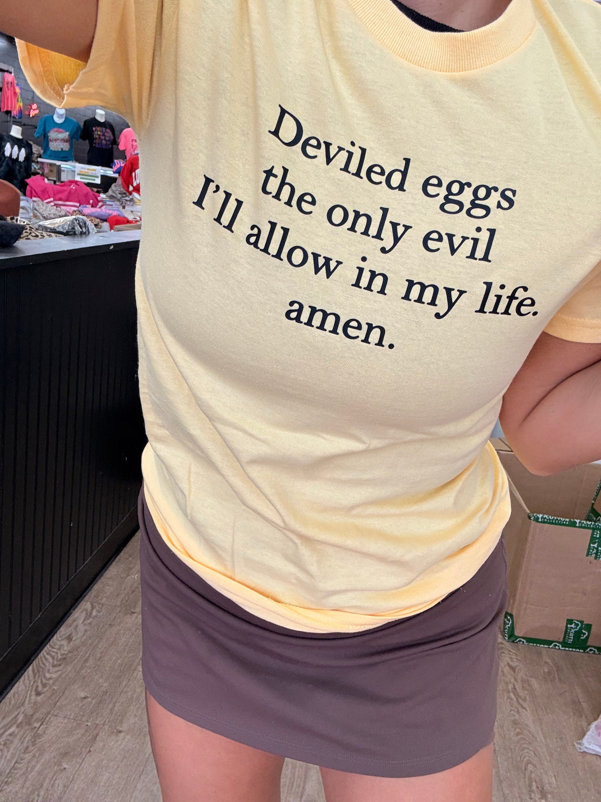 deviled eggs the only evil i'll allow in my life. amen tank, tee or sweatshirt