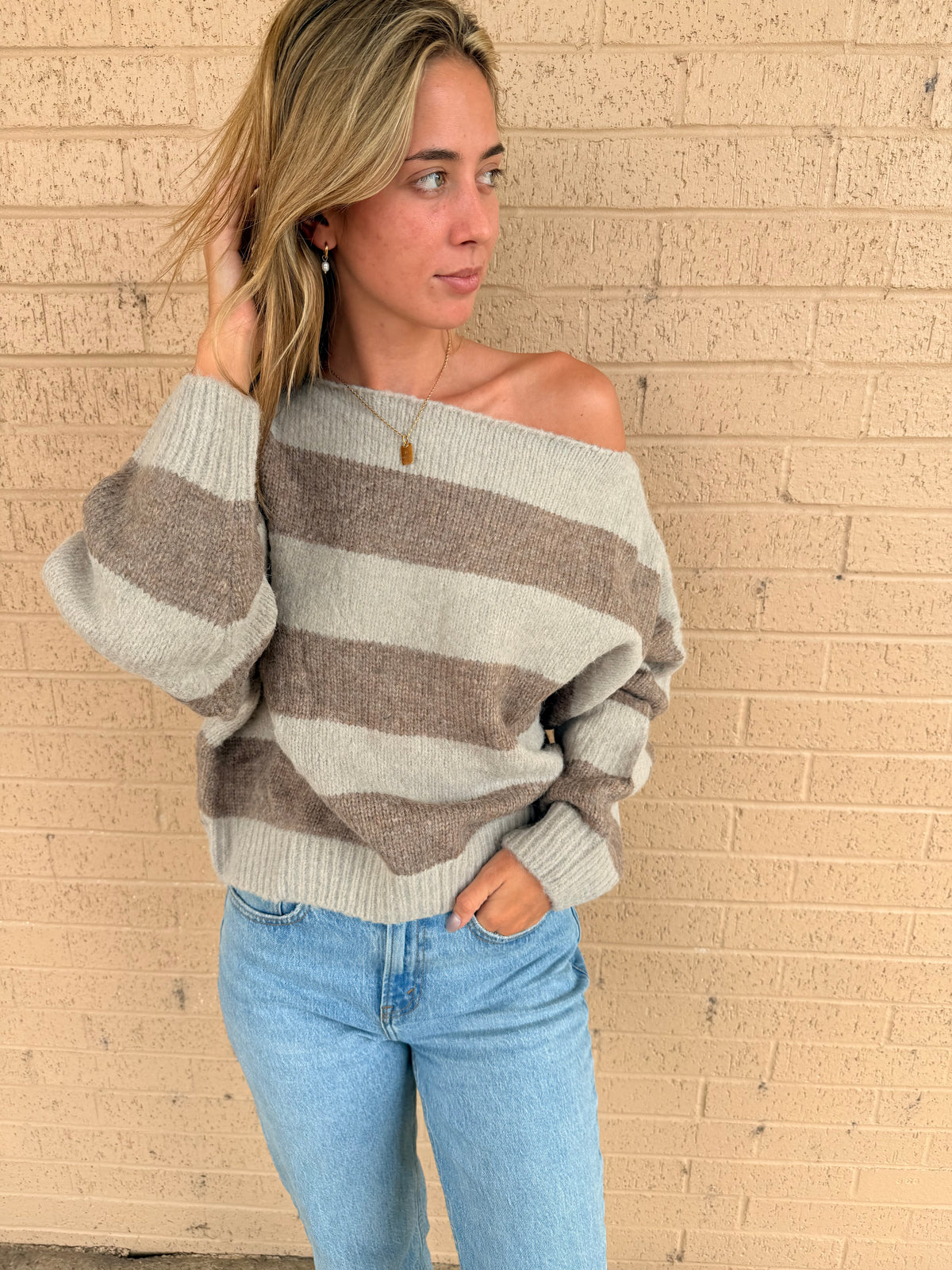Syndey Brown Strip Peep Shoulder Sweater