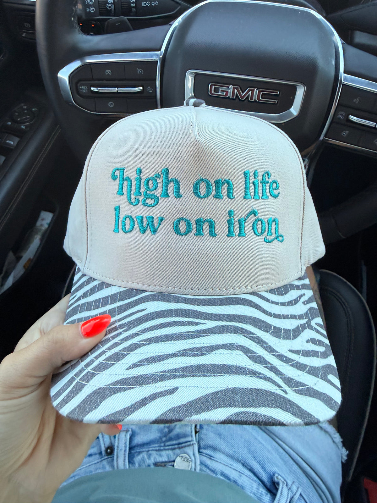 High on life low on iron embroidered hat