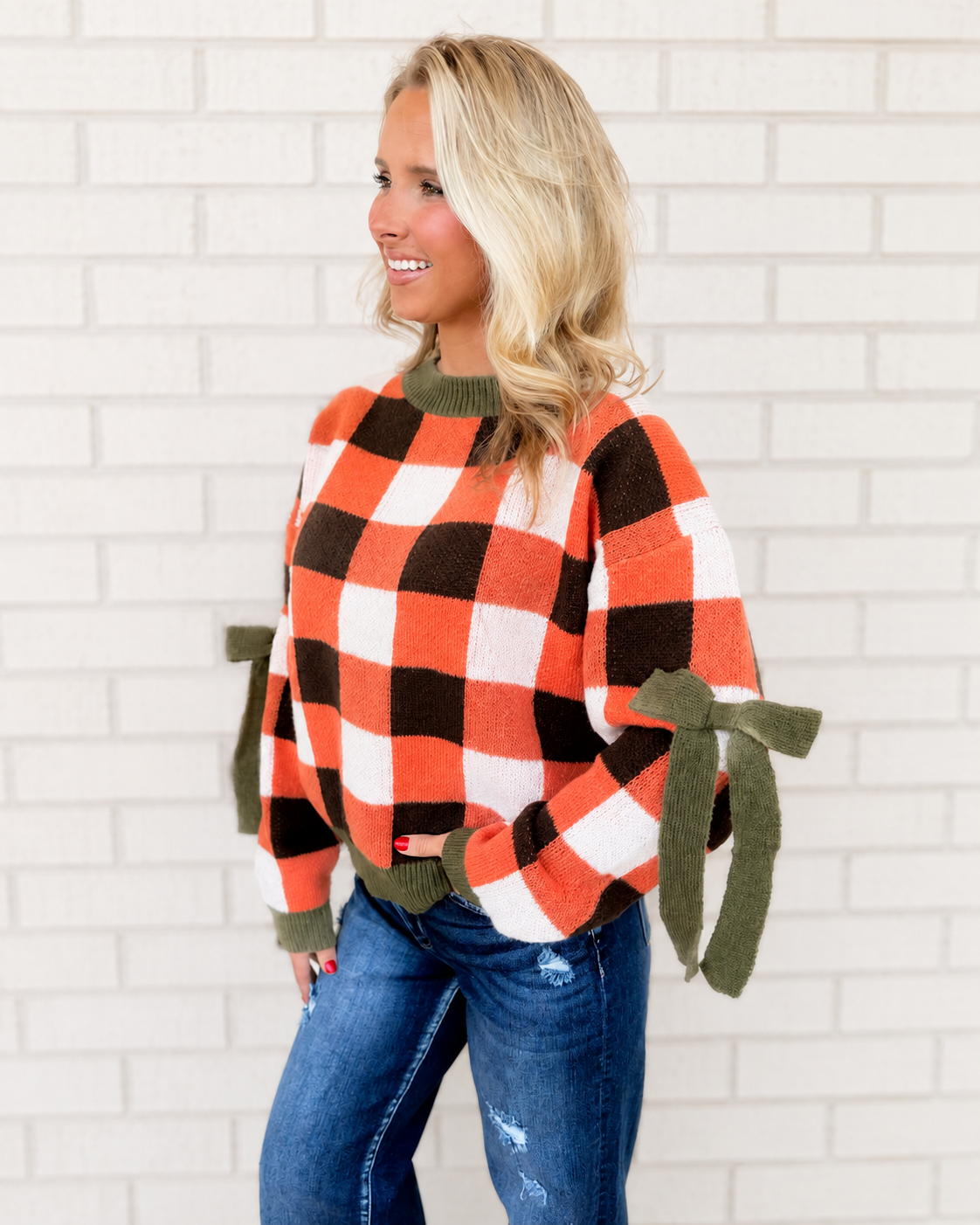 Harvest Plaid Tie Sleeve Cozy Knit Sweater