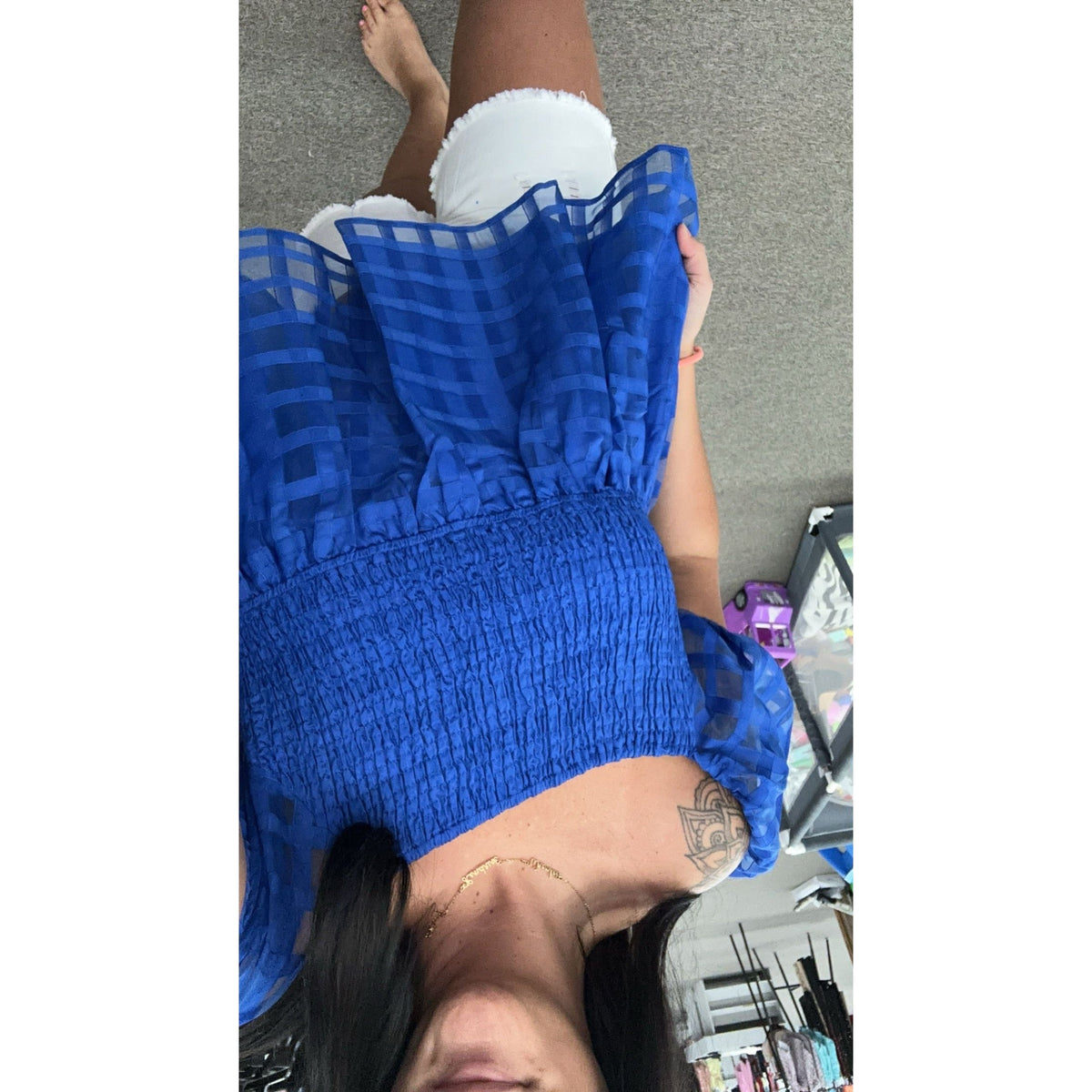 Blue smocked top (on or off the shoulder)