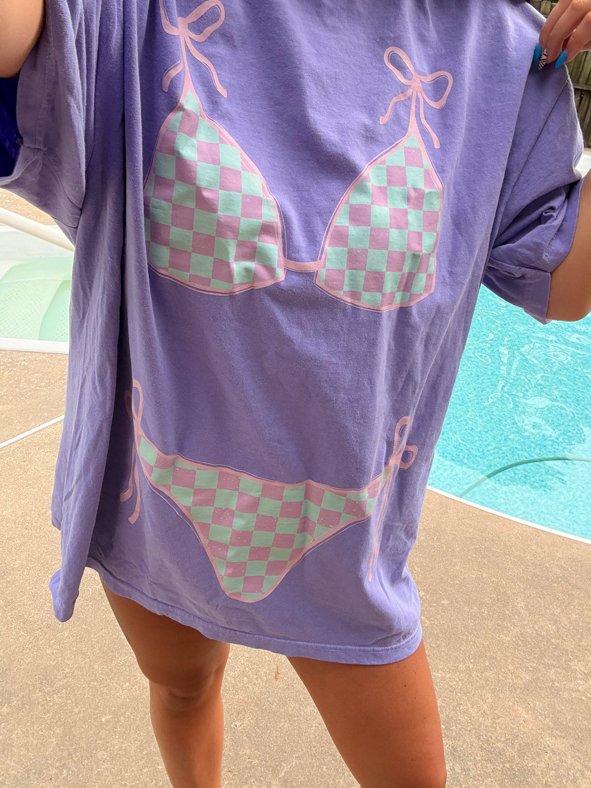 Purple/Mint Checkered Swim Suit Comfort Colors Tee or Sweatshirt