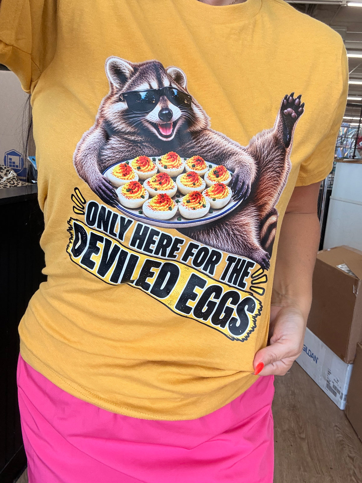 only here for the deviled eggs racoon tee or  sweatshirt