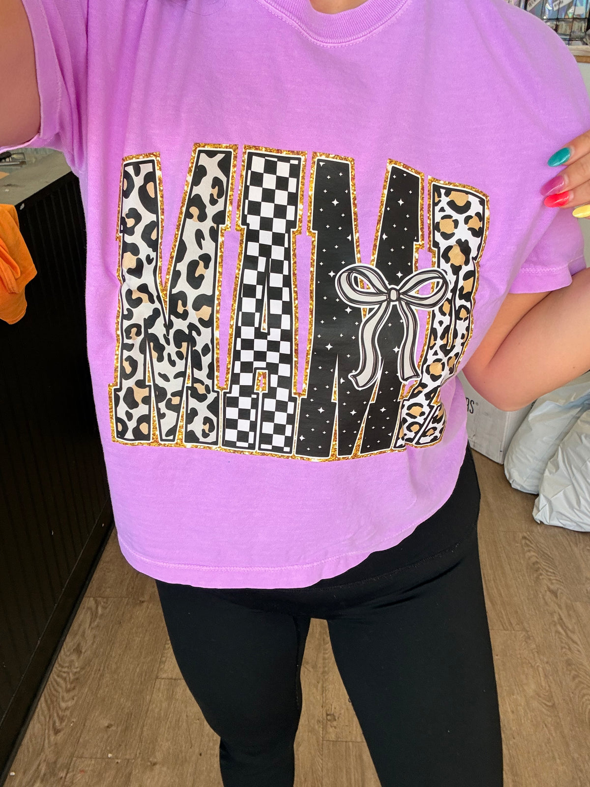 Comfort Colors Purple Long Crop Mama Print Tee