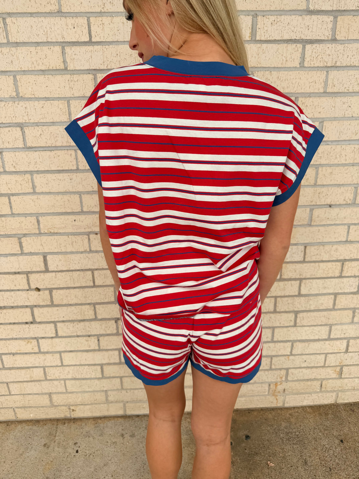 Red white and blue stripe  short set