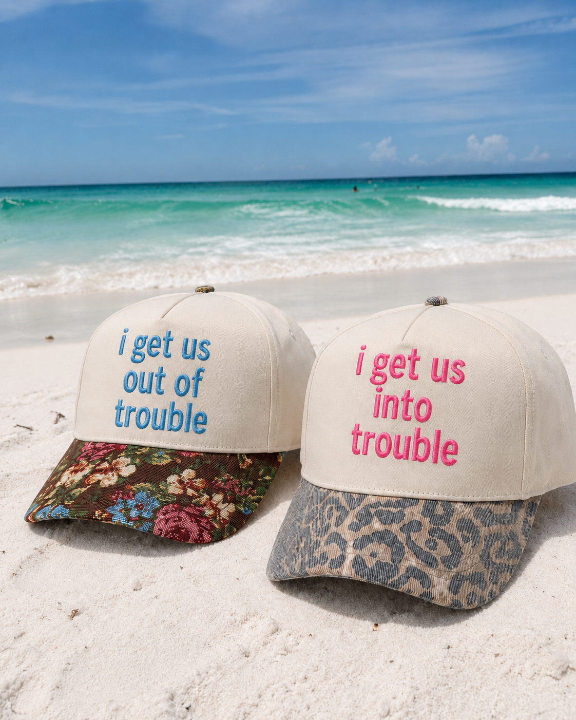 i get us into trouble or i get us out of trouble friend matching embroidered hat