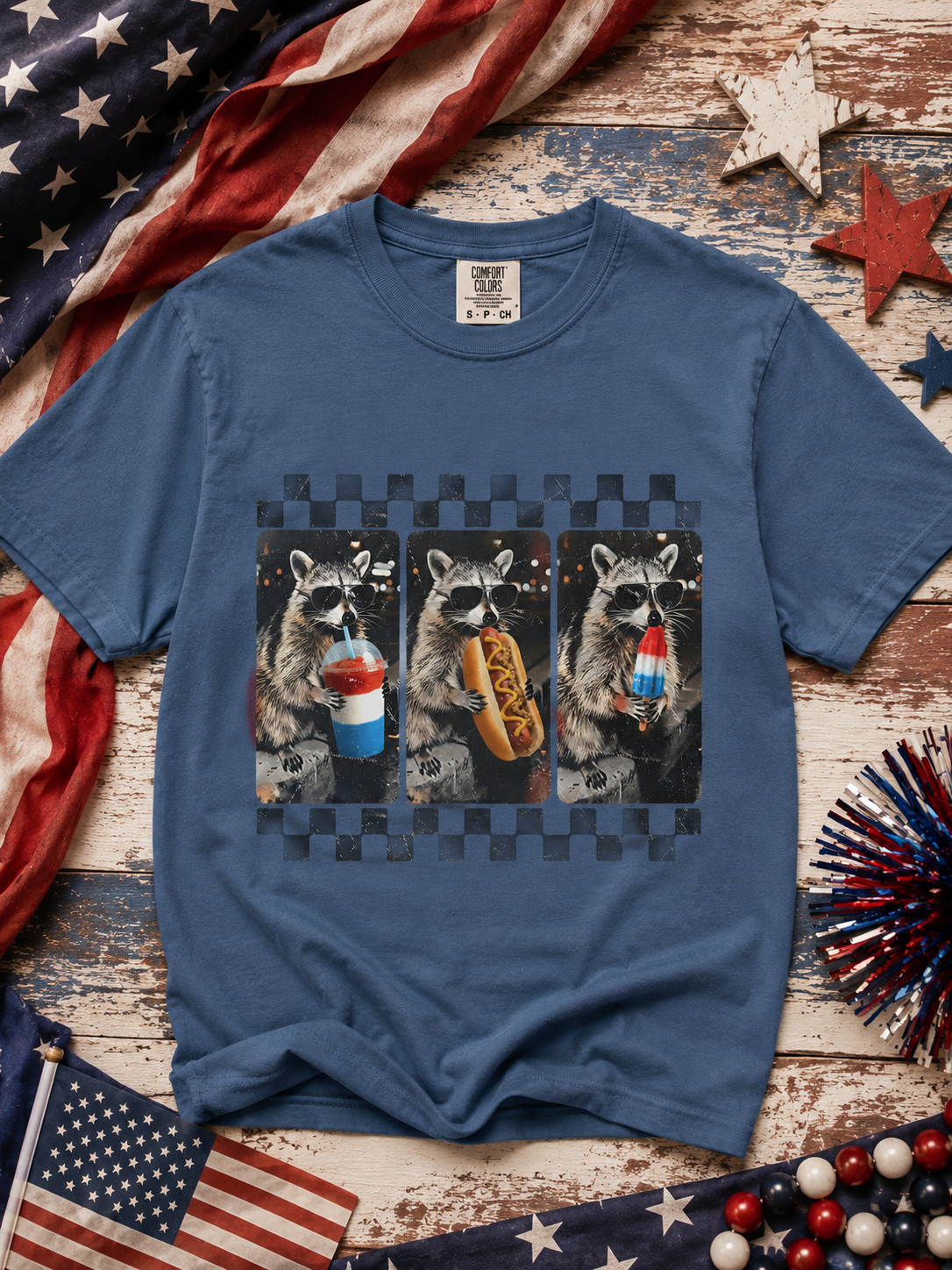 Racoon 4th of july snack tank, tee or sweatshirt