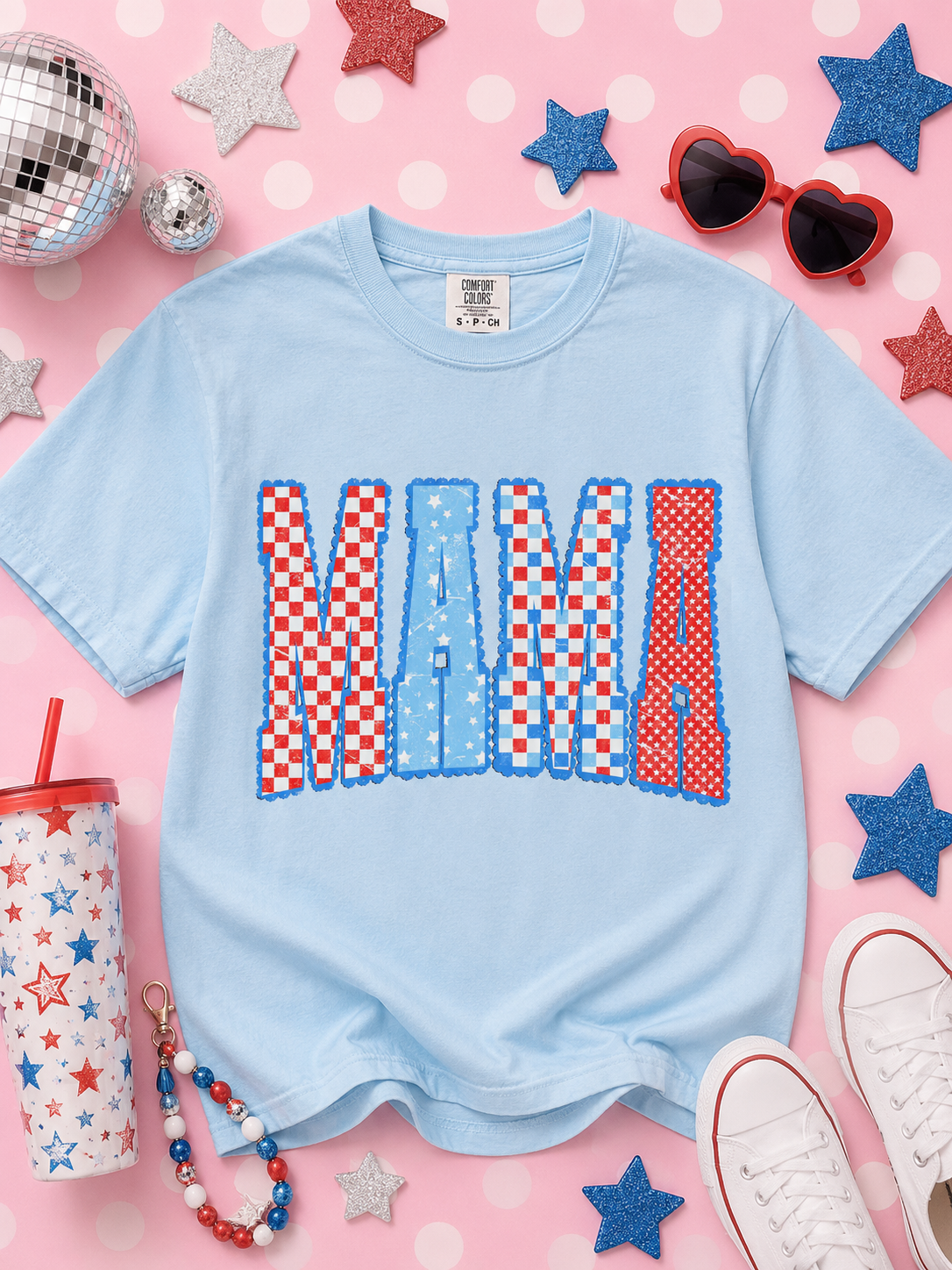 Mama 4th of July Checkered tank, tee or sweatshirt