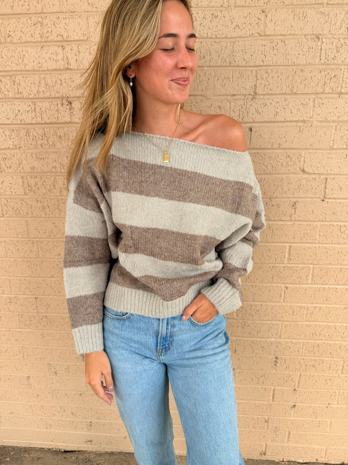 Syndey Brown Strip Peep Shoulder Sweater