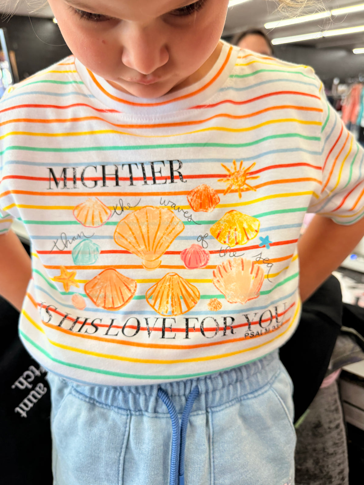 Mightier is his love for you Christian stripe tee (toddler ,kids or adult)
