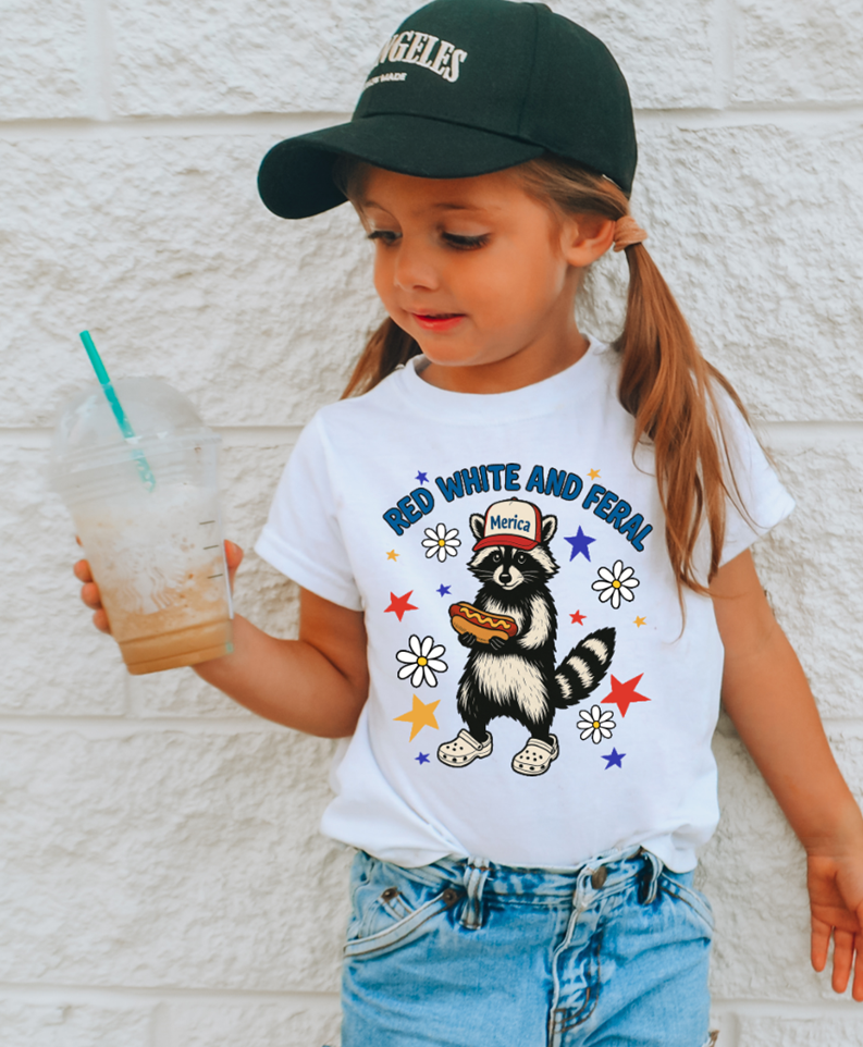 Red white and feral 4th of july racoon girly Kid or Adult tee