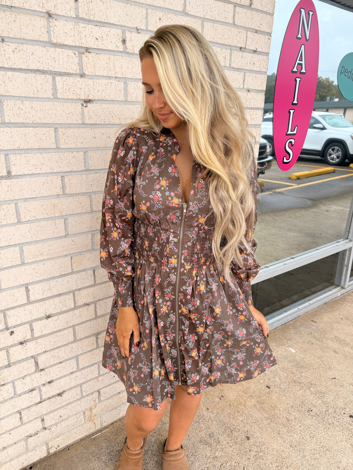 Brown Floral Fall mini dress