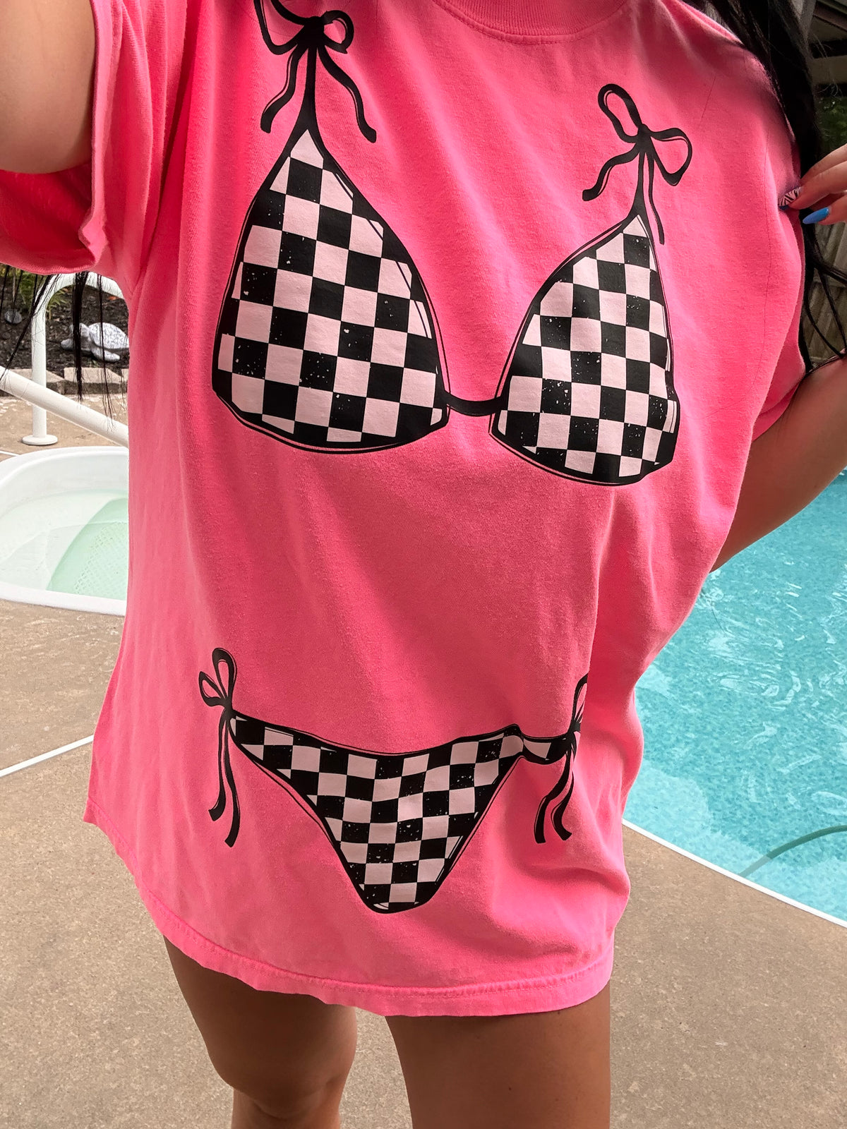 Black and White Checkered Swim Suit Comfort Colors Tee or Sweatshirt