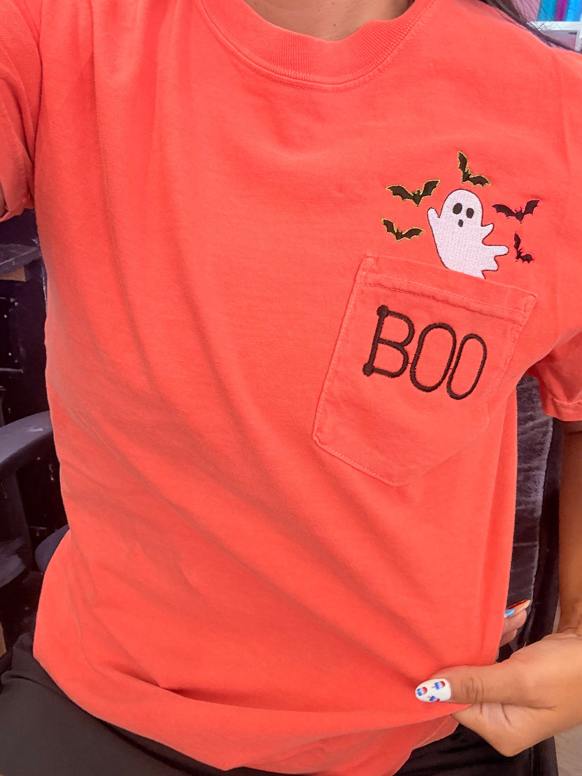 Boo Halloween Pocket Tee embroidered