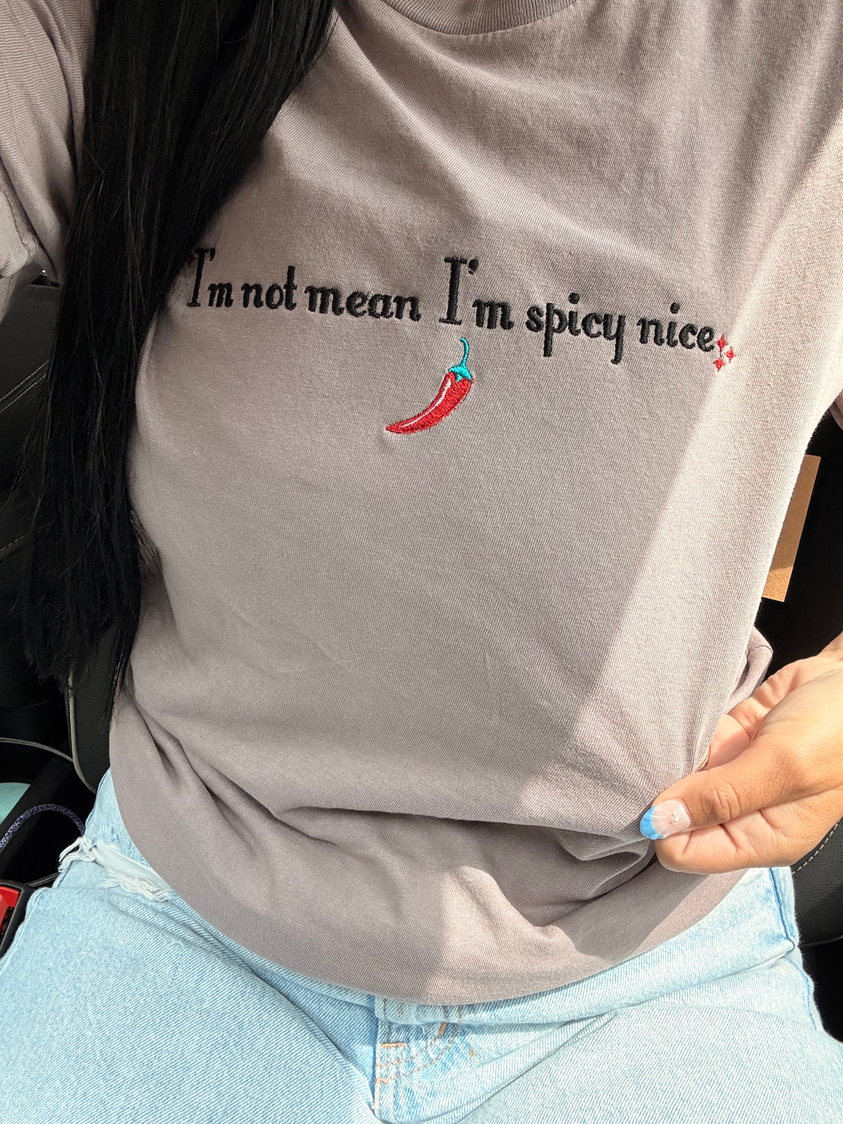 Not mean spicy nice  tee or sweatshirt embroidered