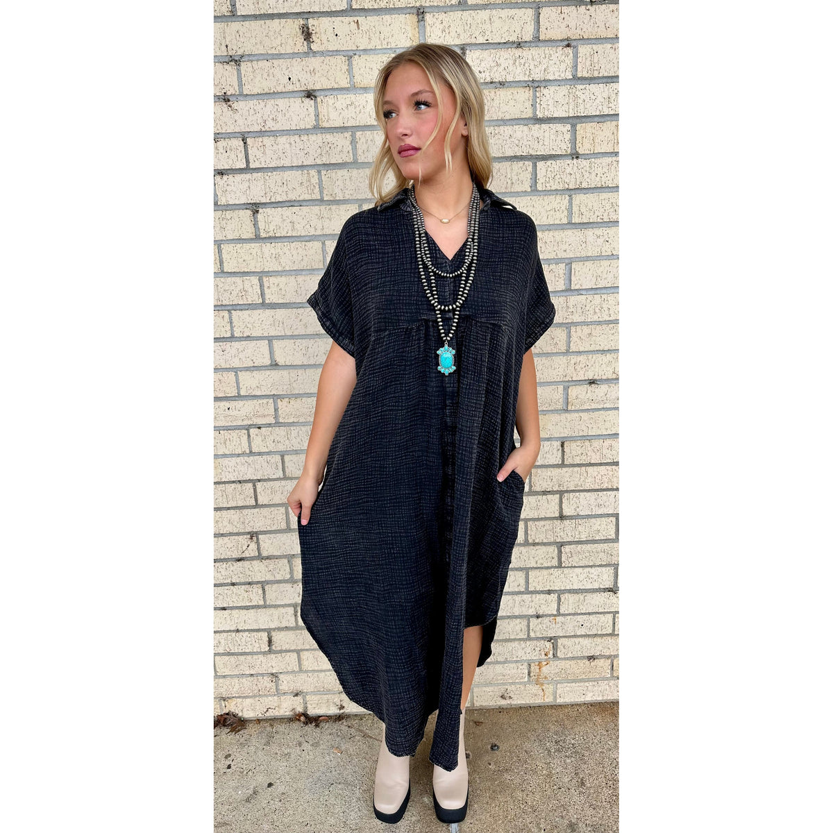 Mineral Wash Flowy Black Maxi Dress