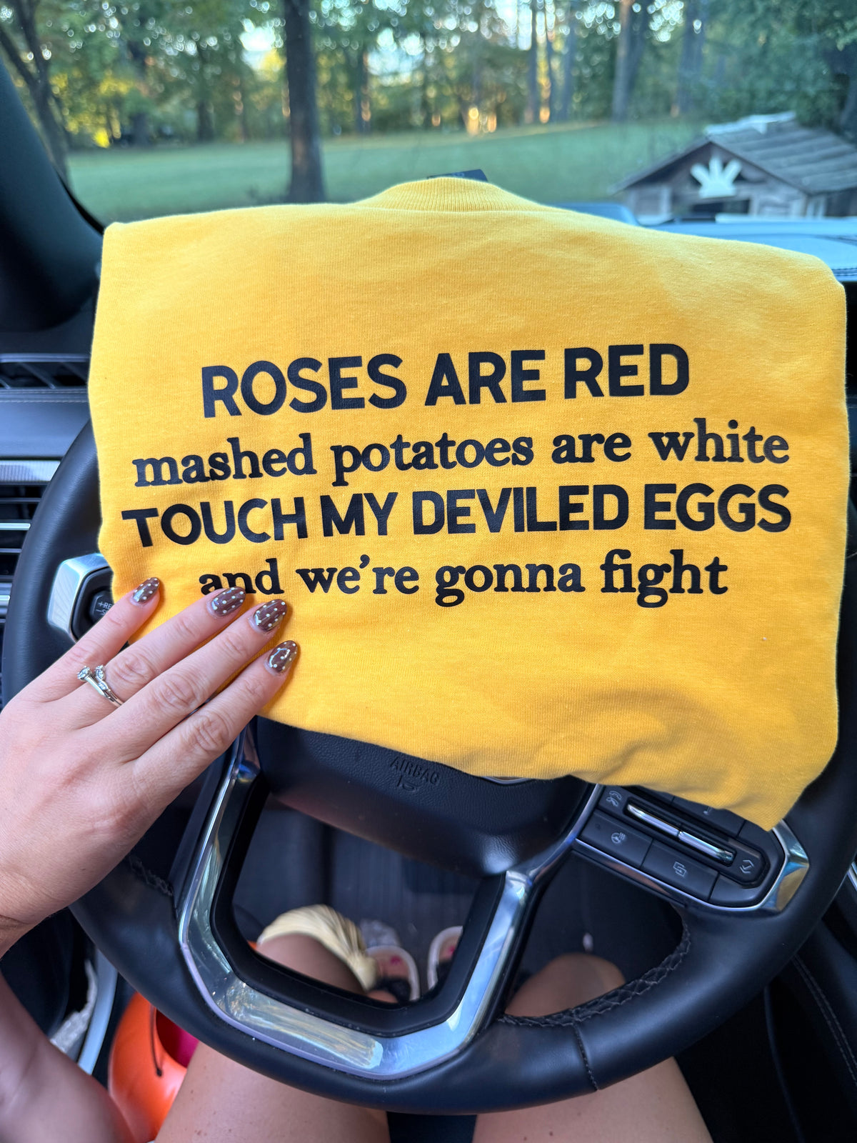 Roses are red mashed potatoes are white touch my deviled eggs and we're gonna fight tee or sweatshirt