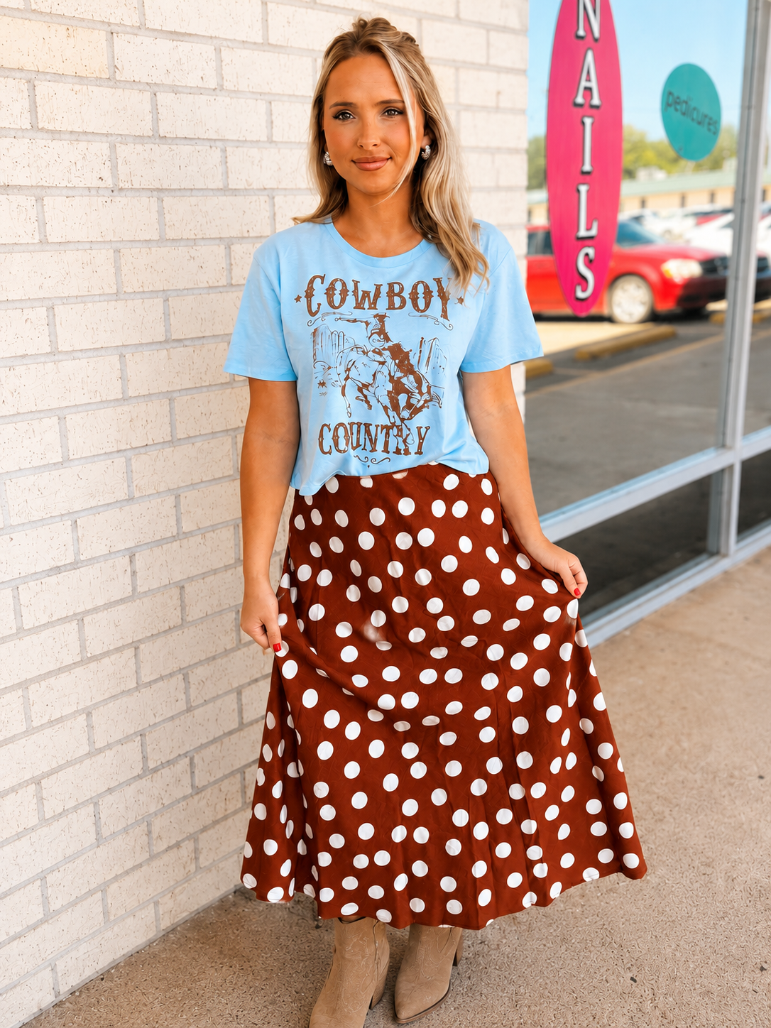Lelania Rust  and White Polka Dot Maxi Skirt