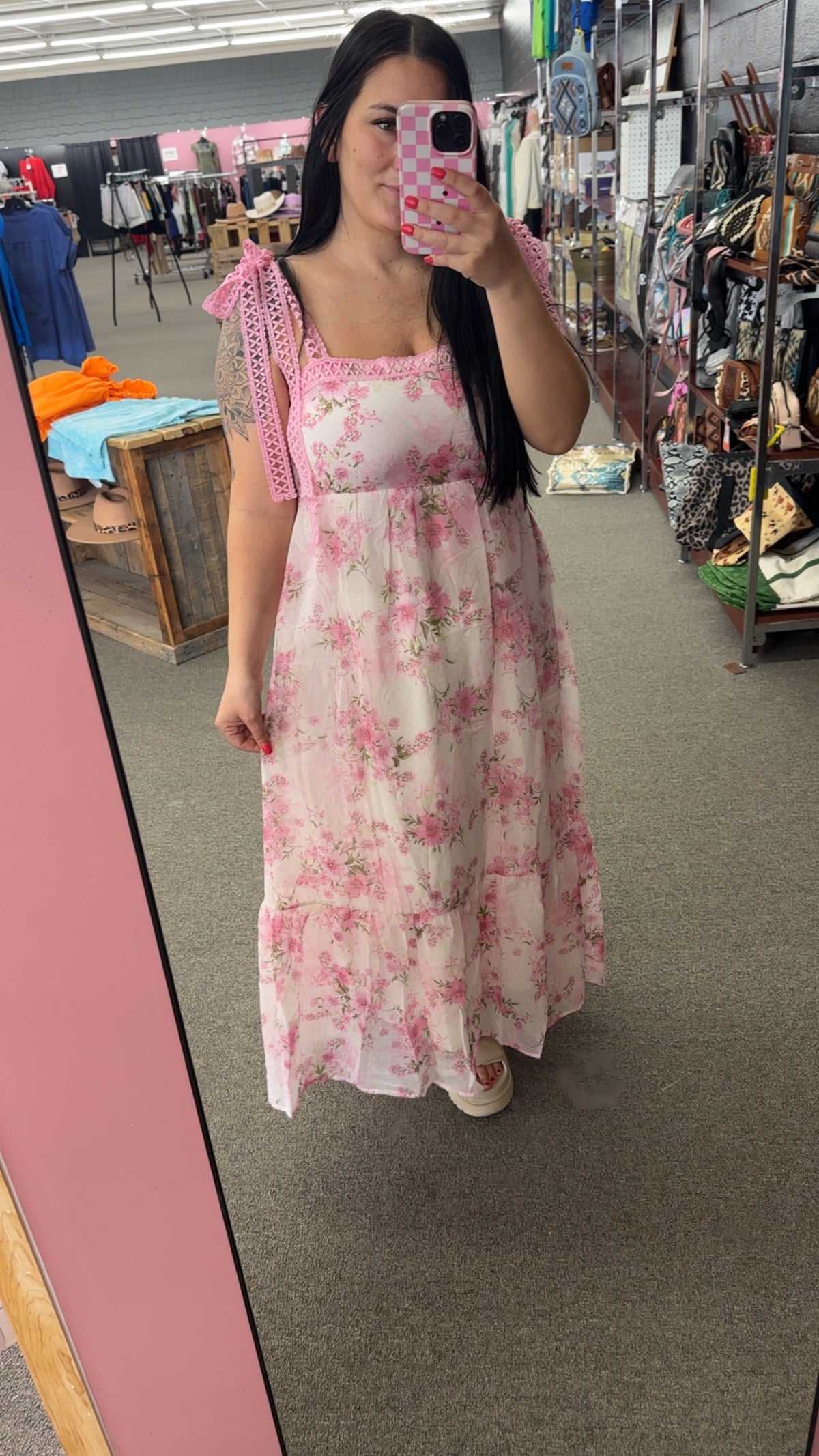 Pink dream Floral Crochet Lace Strap Maxi Dress