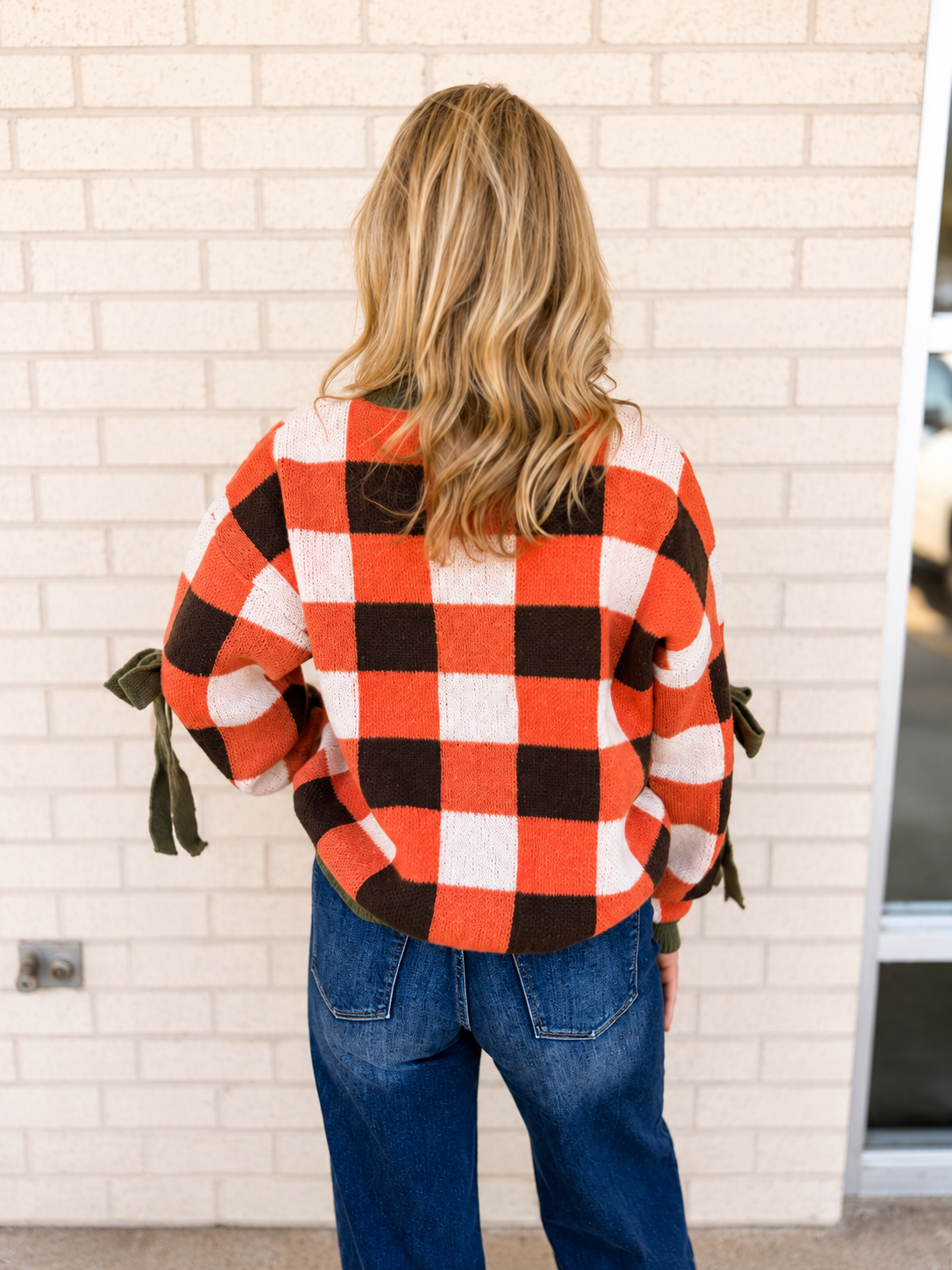 Harvest Plaid Tie Sleeve Cozy Knit Sweater