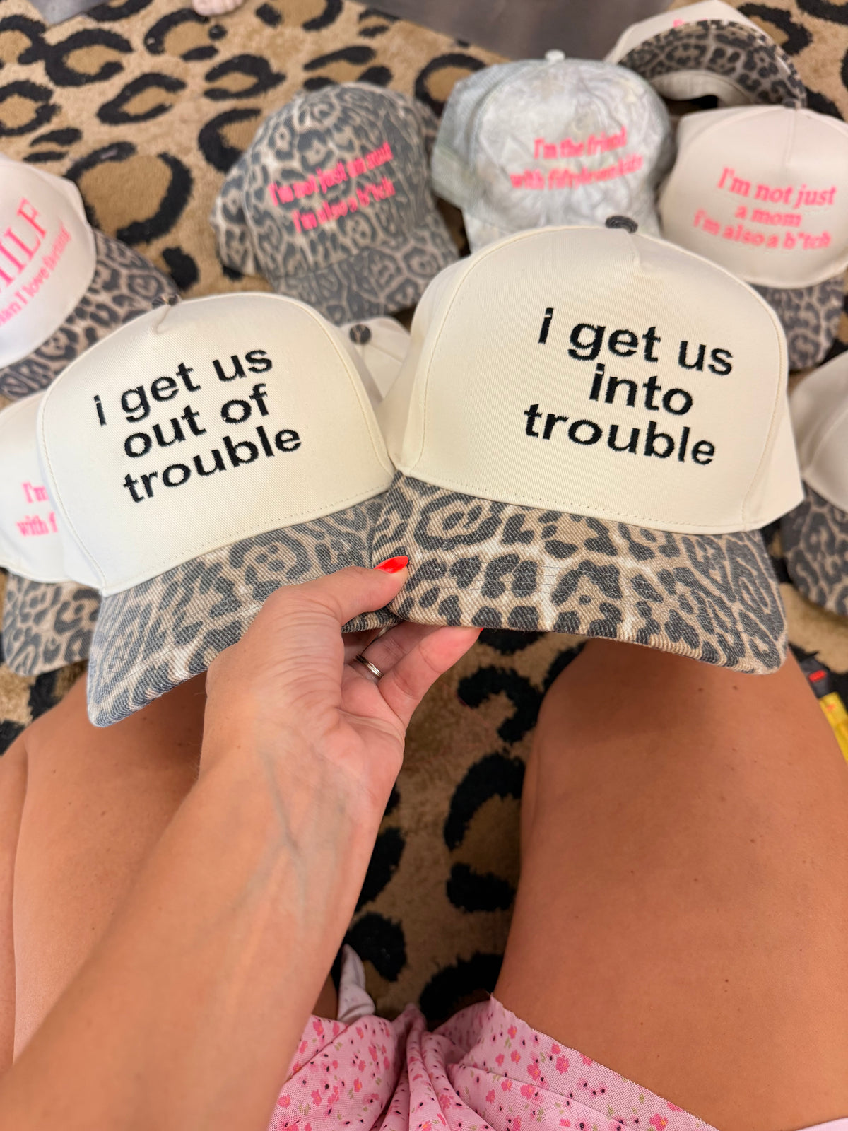 i get us into trouble or i get us out of trouble friend matching embroidered hat