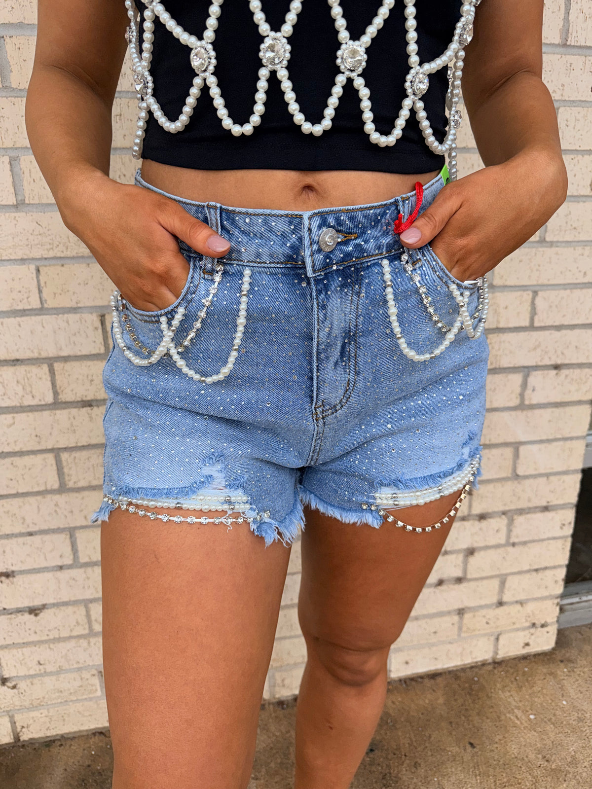 Lexi Vibes Pearl Rhinestone denim shorts