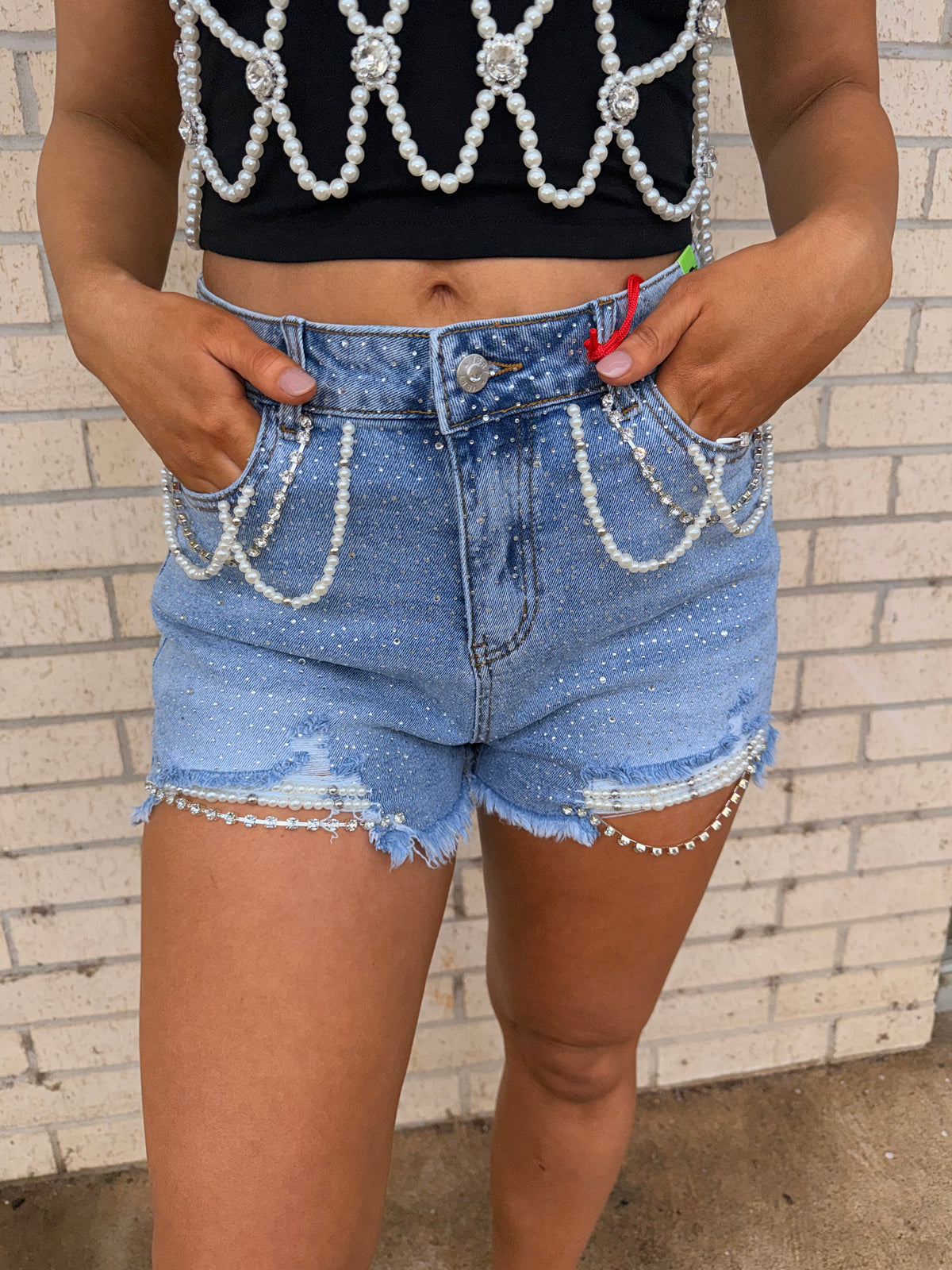 Lexi Vibes Pearl Rhinestone denim shorts