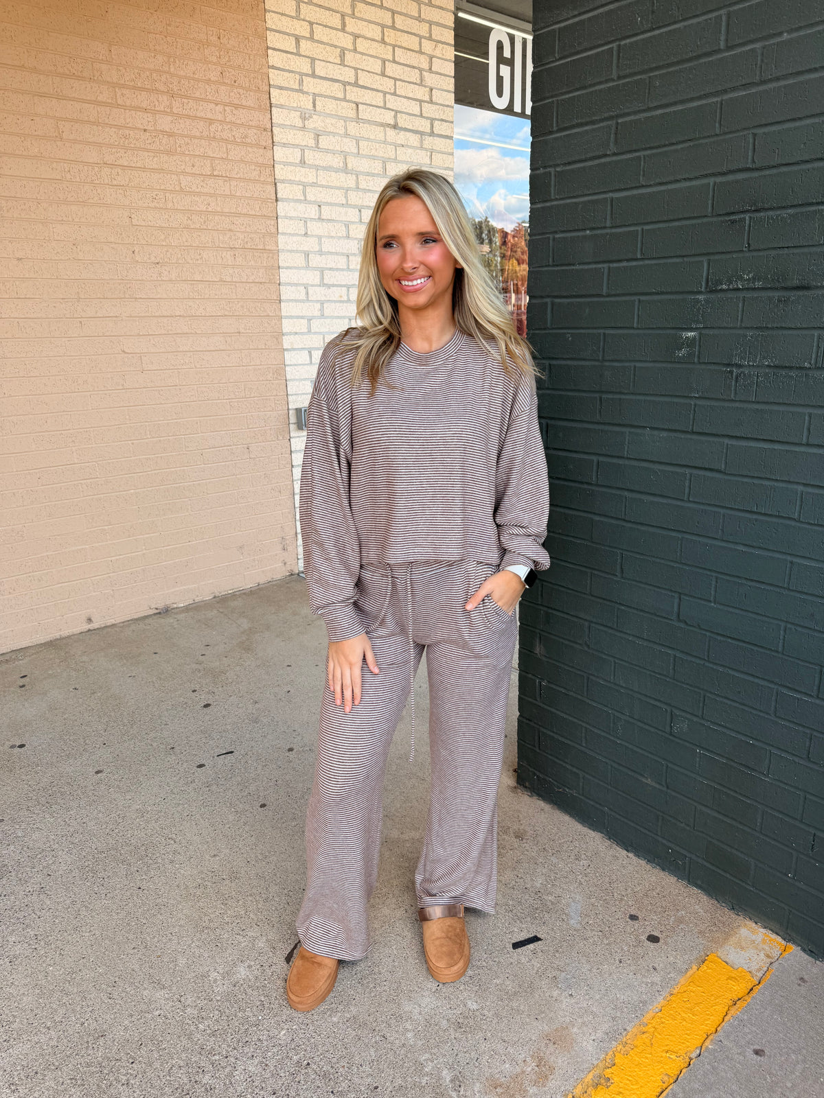 Softest brown stripe pant top set