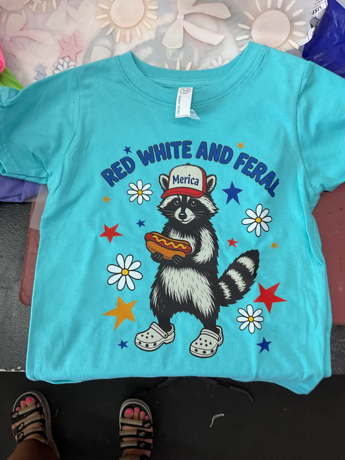 Red white and feral 4th of july racoon girly Kid or Adult tee