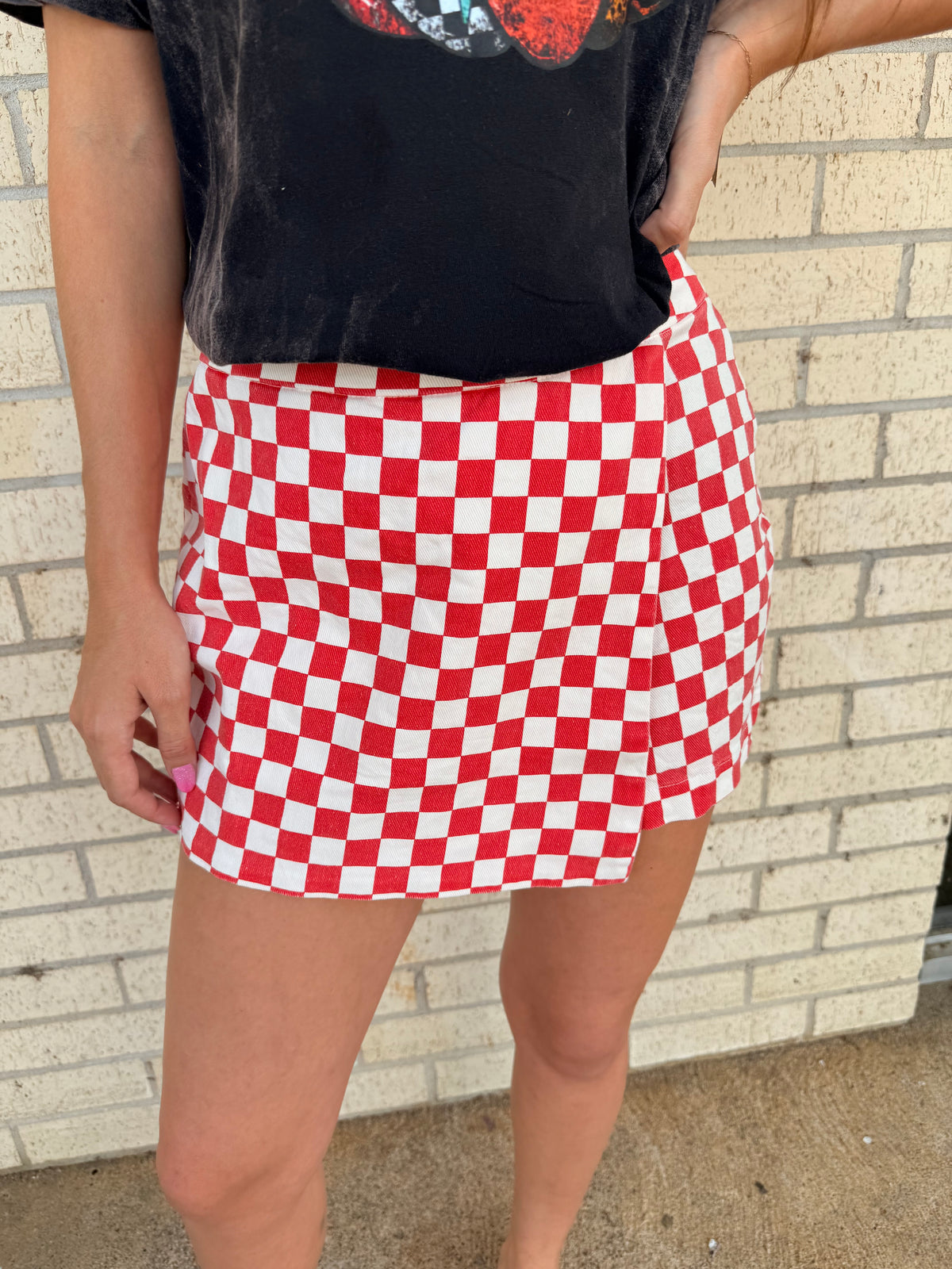 Red checkered Overlay Wrap Front Mini Skort