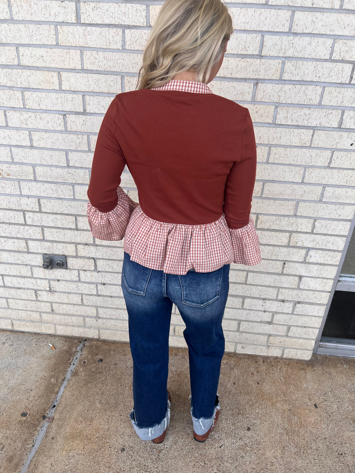 Ginger plaid rust pearl button top