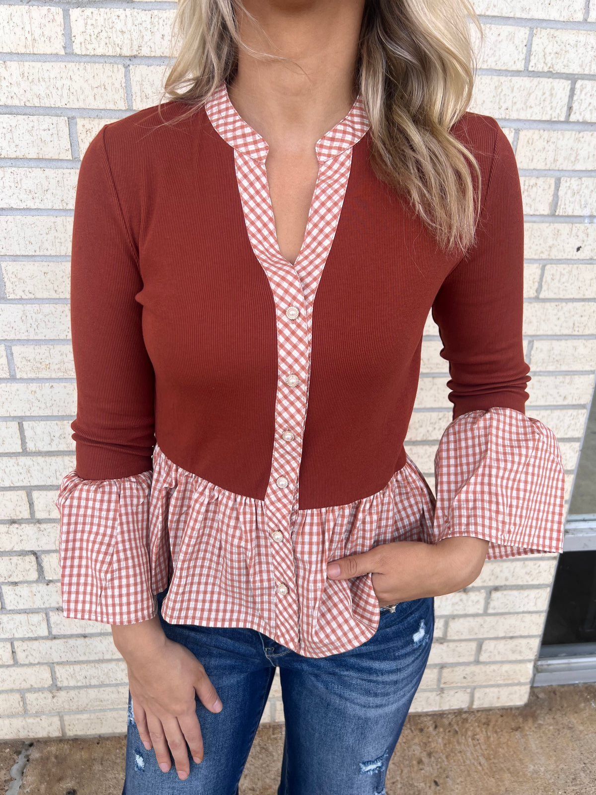 Ginger plaid rust pearl button top