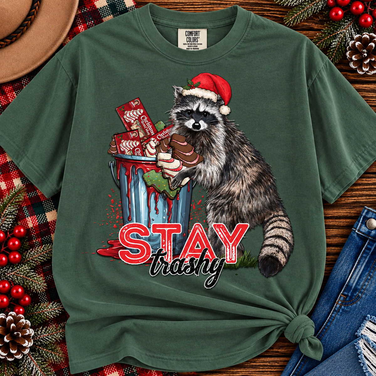 stay trashy racoon Christmas tee or sweatshirt