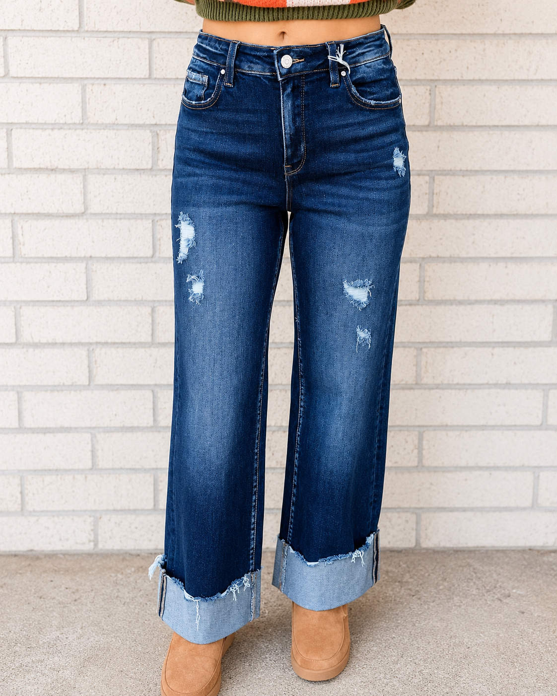 Wrenlee High Rise Stretch Wide Leg Cuffed Hem Jeans