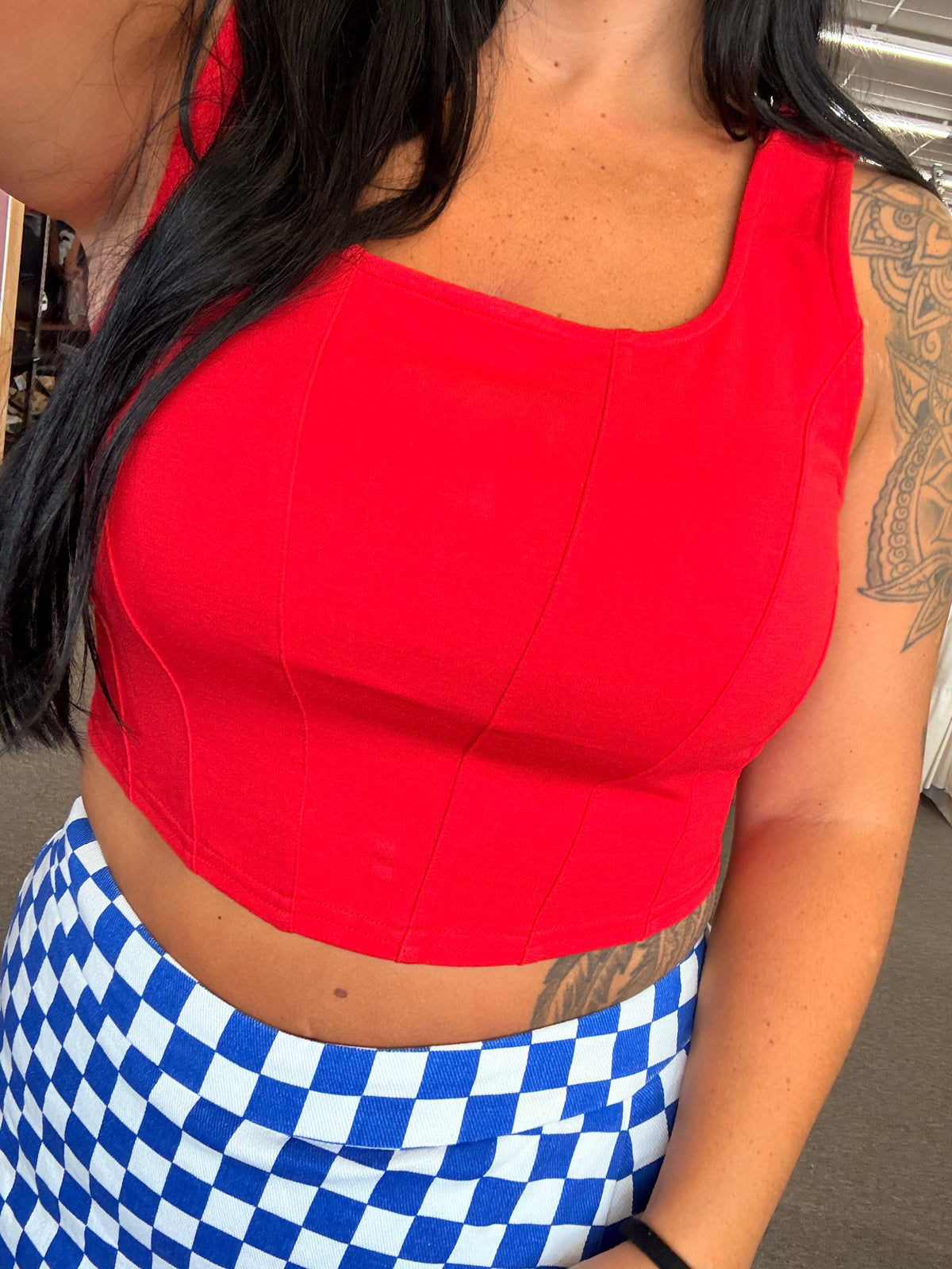 Red corset seam top