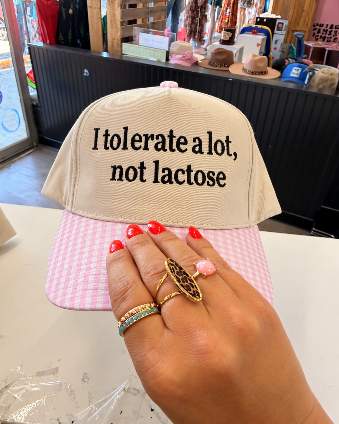 I tolerate a lot not lactose embroidered hat