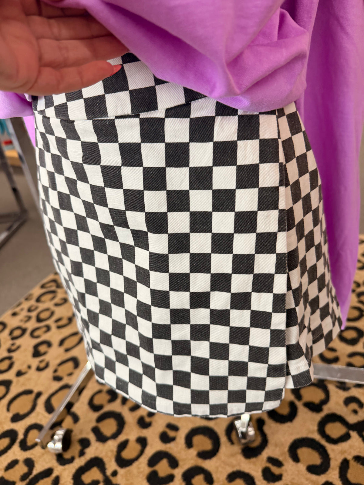 Black checkered Overlay Wrap Front Mini Skort